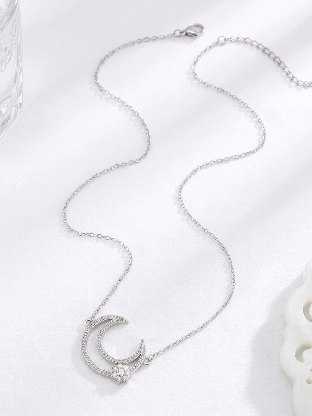 Silver Crescent Moon Pendant Necklace with Star Accent